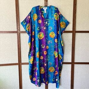 Winlar Satin Psychedelic Floral Medallion Maxi Length Mrs. Roper Caftan